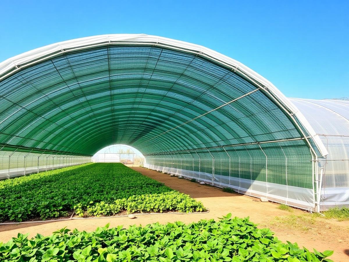 Shade net greenhouse structure on a farm