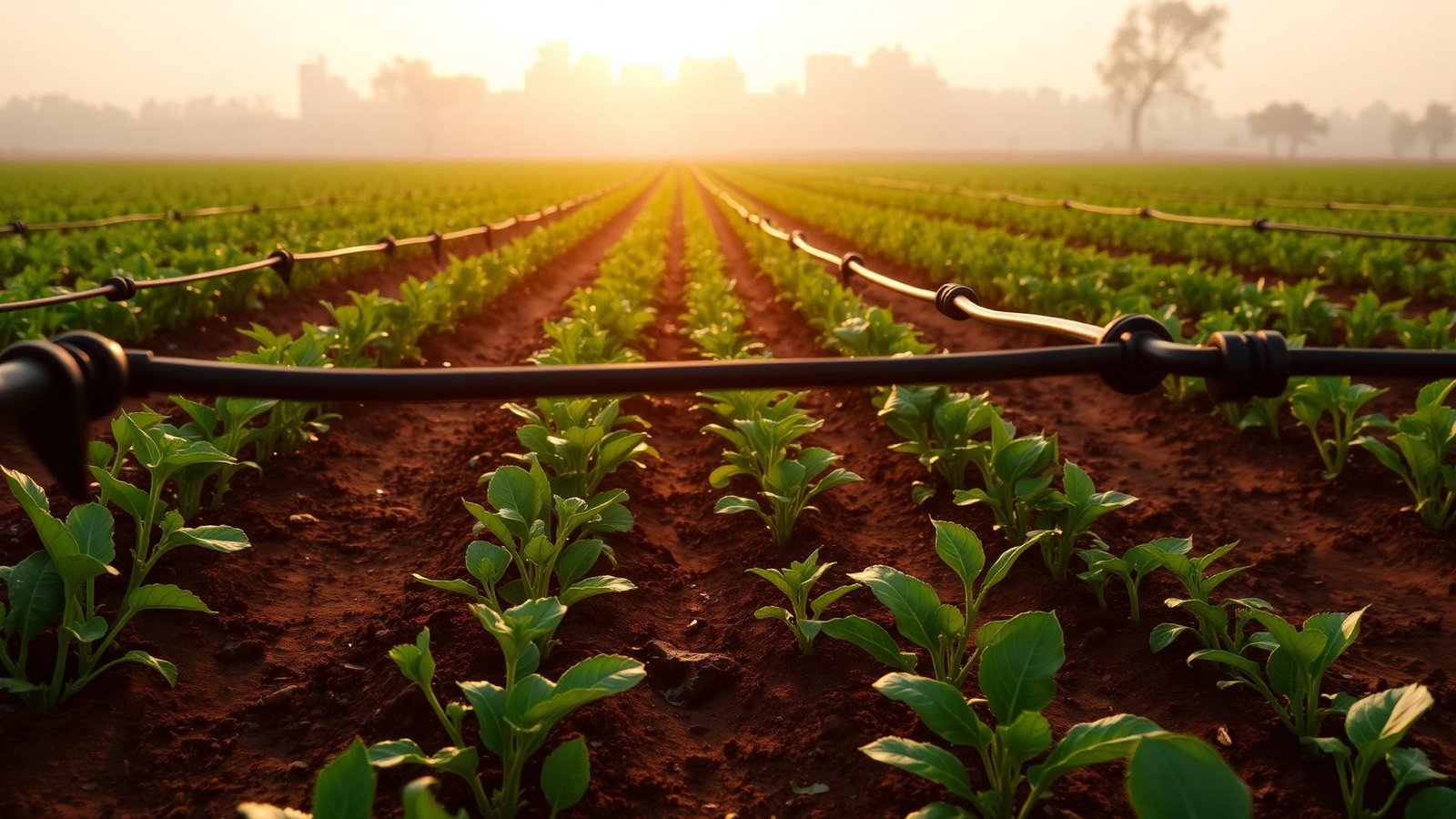 Drip irrigation laterals watering rows of young crops at sunrise