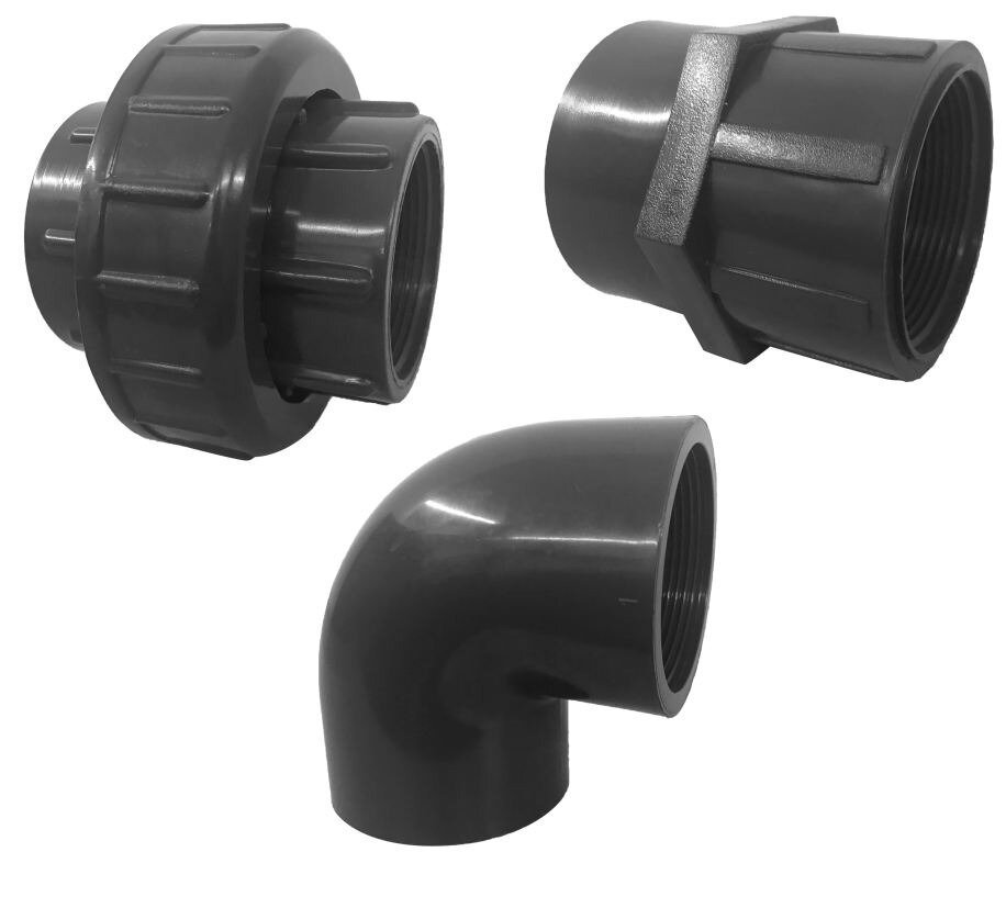 Pressure gauges, unions, sockets and elbows for irrigation piping