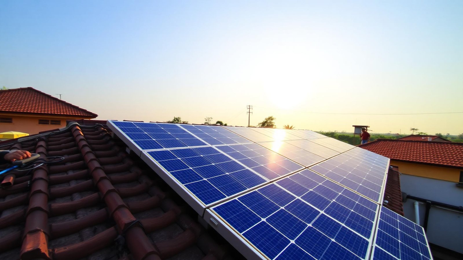 Rooftop solar panels on a house roof at sunrise