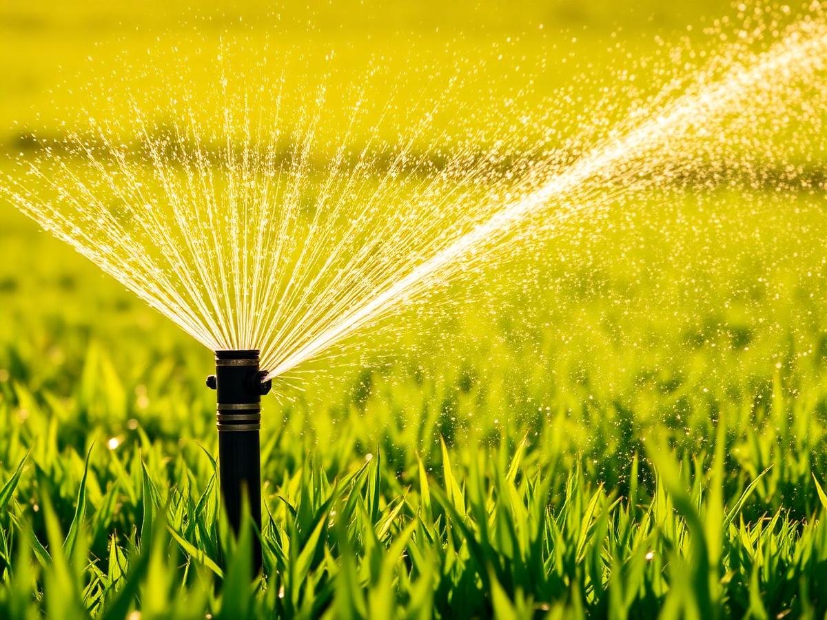 Micro sprinkler irrigating a green field